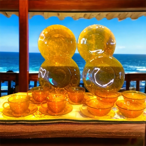 Indiana starburst amber glass lunch plate bowl saucer and cup. Complete set